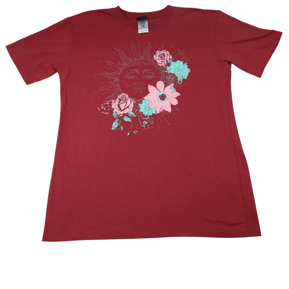 Modern Lux Sun Floral Graphic T Shirt Burgundy Cotton Poly Blend S M